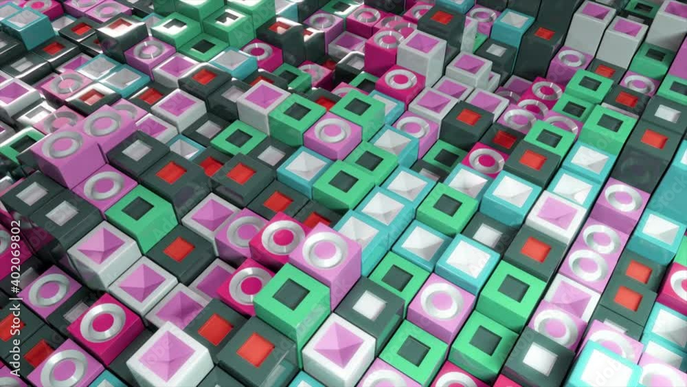 Poster abstract background of multicolored cubes with wave movement. animation. rotating texture with rando