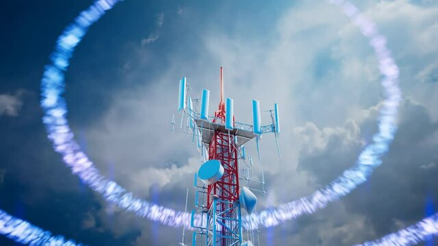 Cell phone tower emits 5G signals. The antenna transmits electromagnetic waves.