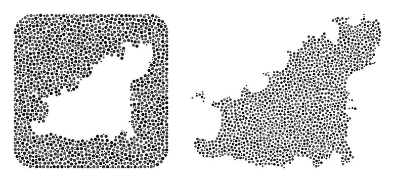 Map of Guernsey Island collage composed with round points and subtracted space. Vector map of Guernsey Island collage of round items in variable sizes and silver color tones.