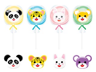 兎とパンダとトラと熊の動物キャンディーのイラストのセット