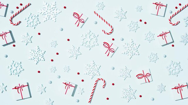 Animated Christmas pattern with snowflakes candy canes and gifts