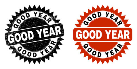 Black rosette GOOD YEAR seal stamp. Flat vector grunge watermark with GOOD YEAR phrase inside sharp rosette, and original clean template. Watermark with scratched texture.