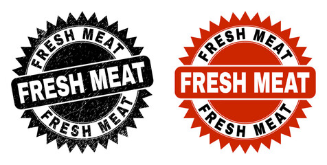 Black rosette FRESH MEAT seal stamp. Flat vector distress seal stamp with FRESH MEAT caption inside sharp rosette, and original clean source. Imprint with unclean surface.