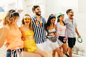 Brazilian Carnival. Group of Brazilian people celebrating the carnival party in the city