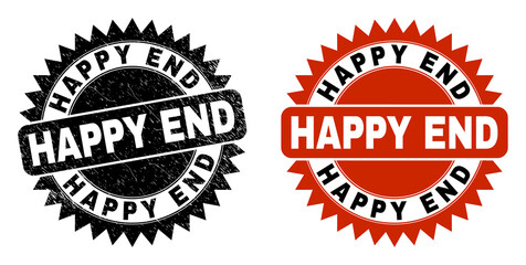 Obraz premium Black rosette HAPPY END seal. Flat vector scratched seal with HAPPY END phrase inside sharp rosette, and original clean version. Imprint with scratched texture.