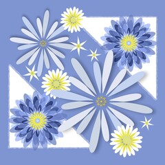 Abstract blue, yellow and white geometric flowers on a blue background