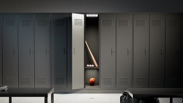 School changing room interior. Dressing room with grey lockers in a sports club.