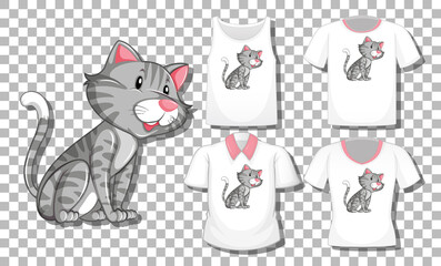 Cat cartoon character with set of different shirts isolated on transparent background