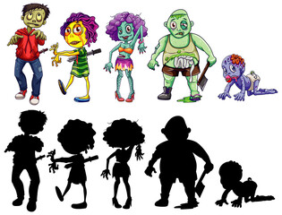 Different character of zombies in color and silhouette cartoon style isolated
