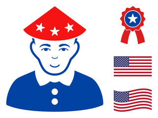 Chinese peasant icon in blue and red colors with stars. Chinese peasant illustration style uses American official colors of Democratic and Republican political parties, and star shapes.