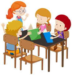 Students with classroom elements on white background