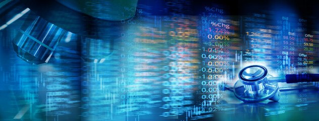 stethoscope and microscope with graph of stock market in medical health science business blue banner background