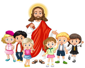 Obraz na płótnie Canvas Jesus with a children group cartoon character