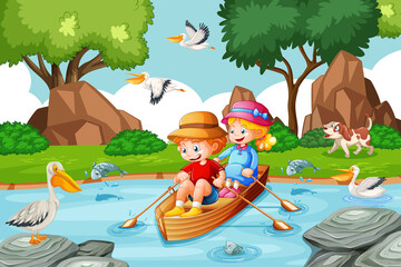 Children row the boat in the stream forest scene