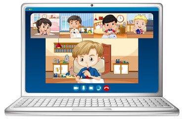 Student video chat online screen on laptop on white background