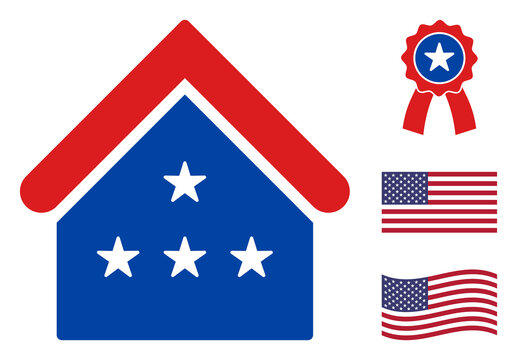 House icon in blue and red colors with stars. House illustration style uses American official colors of Democratic and Republican political parties, and star shapes. Simple house vector sign,