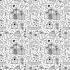 Vector Doodle style Holiday Symbols Seamless Pattern. Gifts, Flag Garland, Sweets, Letter, Balloon. Valentines Day, Birthday background for design scrapbooking, wrapping paper, textile