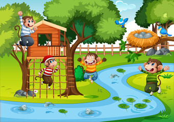Obraz na płótnie Canvas Five little monkeys jumping in the park scene