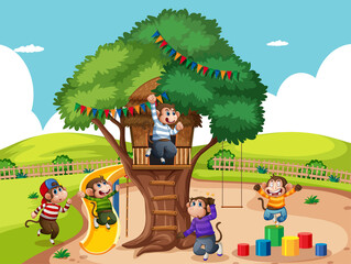 Obraz na płótnie Canvas Five little monkeys jumping in the park playground scene