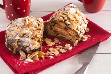 A Traditional Stollen with Fruit and Almond Paste topped with Almonds