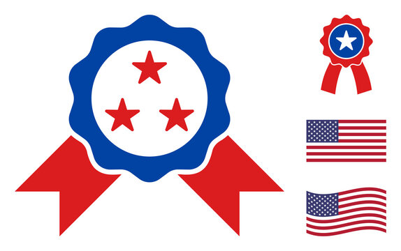 Award seal icon in blue and red colors with stars. Award seal illustration style uses American official colors of Democratic and Republican political parties, and star shapes.