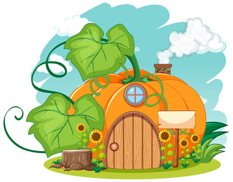 Pumpkin house with sunflower cartoon style on sky background