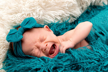 Newborn baby 2 weeks old in blue fluffy blanket. Portrait of pretty newborn baby.
