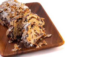 A Traditional Stollen with Fruit and Almond Paste topped with Almonds