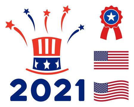 Uncle Sam 2021 salute icon in blue and red colors with stars. Uncle Sam 2021 salute illustration style uses American official colors of Democratic and Republican political parties, and star shapes.
