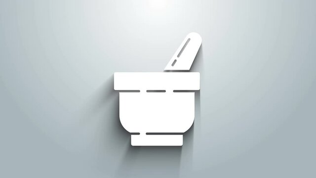 White Mortar and pestle icon isolated on grey background. 4K Video motion graphic animation