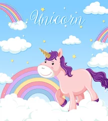 Tuinposter Unicorn stand on the cloud with pastel rainbow on blue sky background © blueringmedia