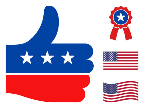 Thumb up icon in blue and red colors with stars. Thumb up illustration style uses American official colors of Democratic and Republican political parties, and star shapes. Simple thumb up vector sign,