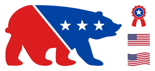 Obraz premium Bear icon in blue and red colors with stars. Bear illustration style uses American official colors of Democratic and Republican political parties, and star shapes. Simple bear vector sign,