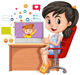 Children with social media elements on white background