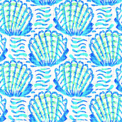 Azure blue scallop shell linen texture background. Seamless textile effect. Distressed aqua dye pattern. Coastal cottage beach decor. Modern sea life mariner fashion or soft furnishing repeat cloth 
