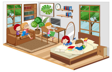 Children in the living room with furnitures