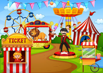 Amusement park with circus in cartoon style scene