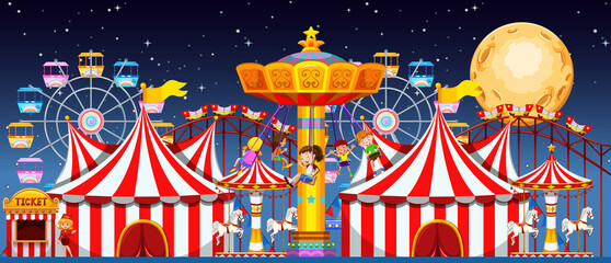 Fototapeta premium Amusement park scene at night with moon