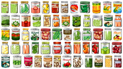 Set of different canned food and food in jars isolated - obrazy, fototapety, plakaty