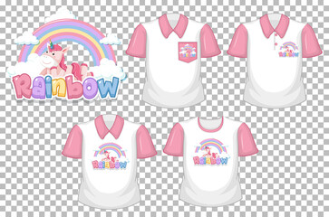 Unicorn with rainbow logo and set of white shirt with pink short sleeves isolated on transparent background
