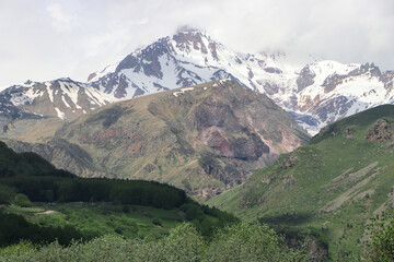 View of the snow-capped peak of Mount Kazbek in Georgia.