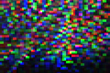 Blurred multicolored rectangular pixels on a black background. Glitch effect.