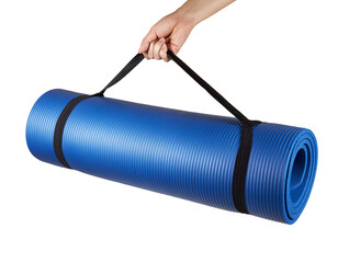 Hand holding blue yoga mat isolated on white background © runrun2