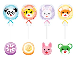 兎とパンダとトラと熊の動物キャンディーのイラストのセット