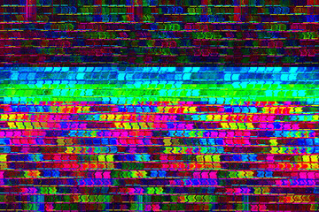 Multicolored rectangular pixels on a black background. Glitch effect. Bad tv. Simple illustration for decorative design or presentation