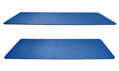 Blue rolled out yoga mat isolated on white background with clipping path - obrazy, fototapety, plakaty