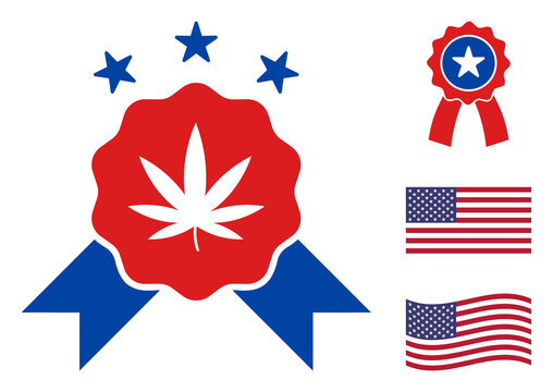 Quality cannabis icon in blue and red colors with stars. Quality cannabis illustration style uses American official colors of Democratic and Republican political parties, and star shapes.