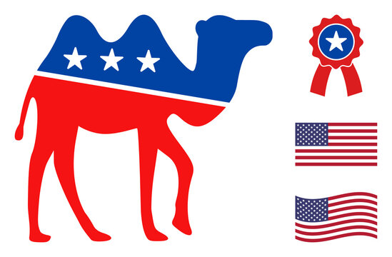Camel icon in blue and red colors with stars. Camel illustration style uses American official colors of Democratic and Republican political parties, and star shapes. Simple camel vector sign,