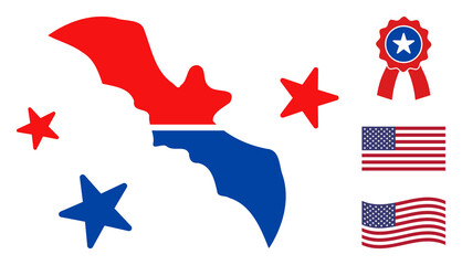 Flying bat icon in blue and red colors with stars. Flying bat illustration style uses American official colors of Democratic and Republican political parties, and star shapes.