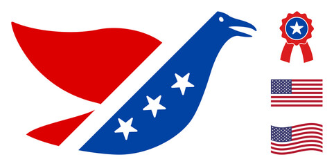 Crow icon in blue and red colors with stars. Crow illustration style uses American official colors of Democratic and Republican political parties, and star shapes. Simple crow vector sign,